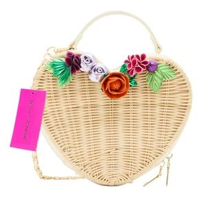 Betsey Johnson Heart-Shaped Woven Bag with Floral Accents